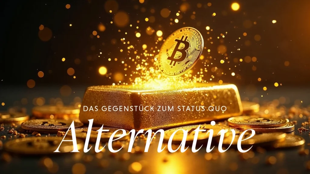 Leuchtende Bitcoin-Münze über einem Goldbarren mit Schriftzug Alternative zum Status Quo
