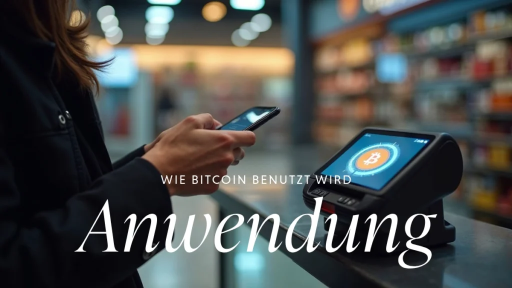 Person bezahlt mit Smartphone an einem Terminal mit Bitcoin-Symbol