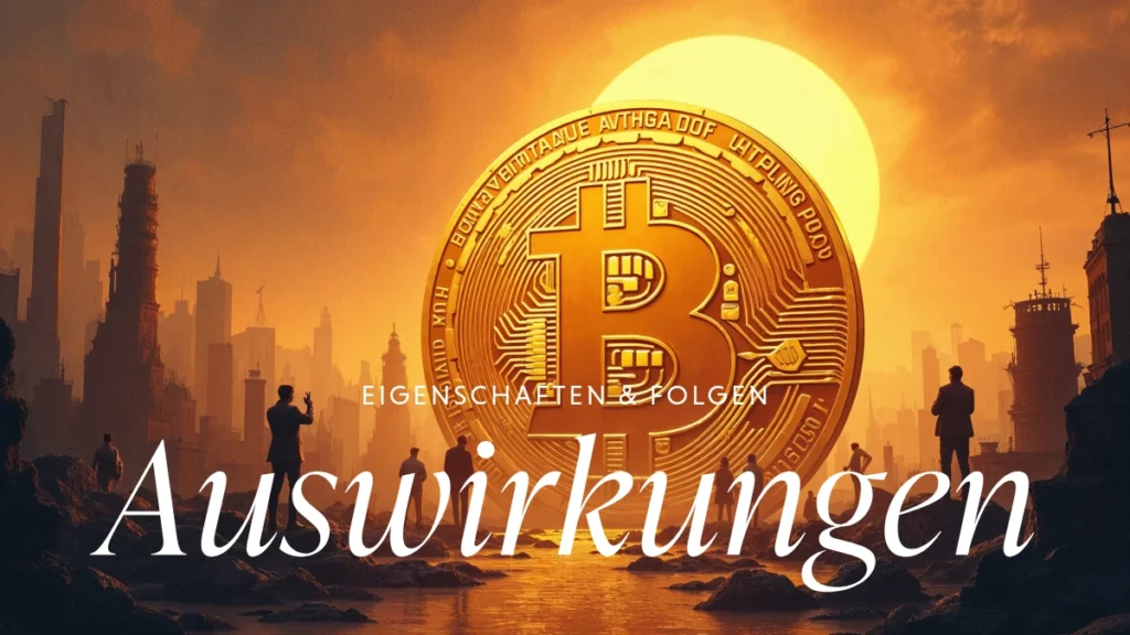 Große Bitcoin-Münze wie eine Sonne über einer Stadt mit Menschen im Vordergrund, Schriftzug Auswirkungen
