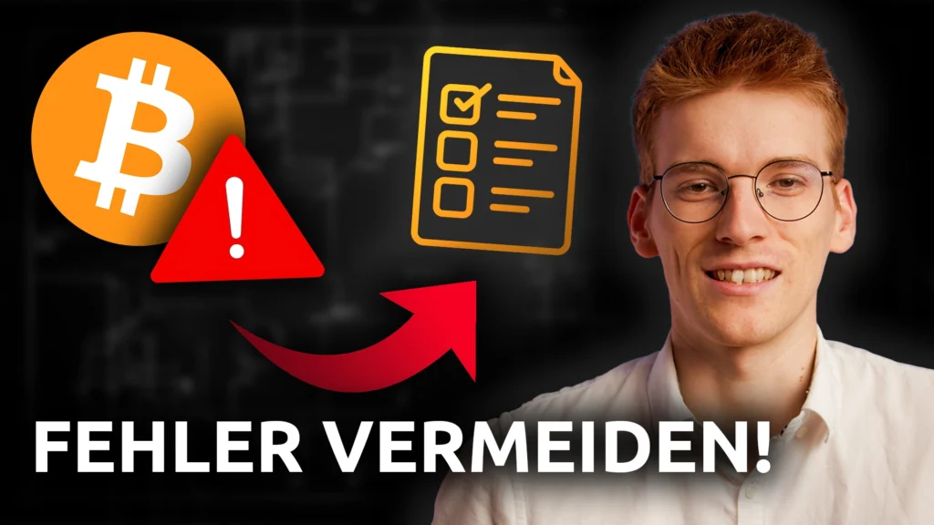 Mann mit Brille neben Bitcoin-Symbol, Warnschild und Checkliste mit dem Schriftzug Fehler vermeiden