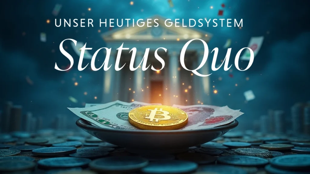 Bitcoin-Münze und Banknoten auf Teller mit Schriftzug Status Quo unseres heutigen Geldsystems