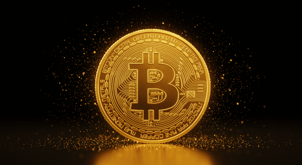 Goldene Bitcoin Münze leuchtend auf schwarzem Hintergrund, Symbol für digitales Geld