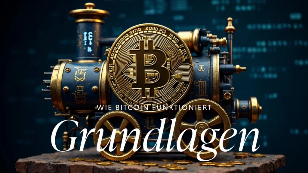 Bitcoin-Münze in einer Maschine mit Zahnrädern und Schriftzug Grundlagen