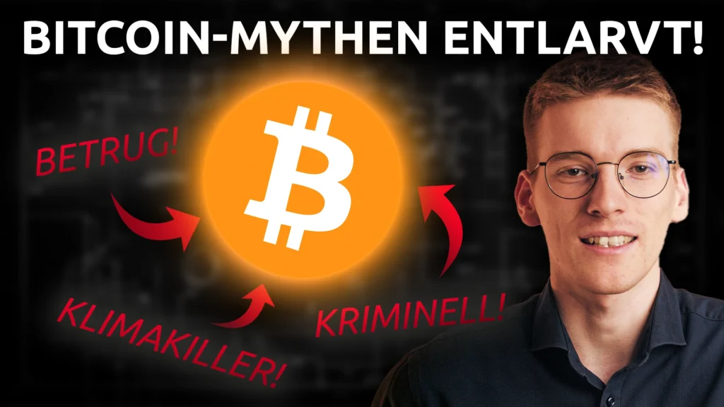 Mann mit Brille neben leuchtendem Bitcoin-Symbol und roten Pfeilen mit den Begriffen Betrug, Klimakiller und Kriminell. Schriftzug Bitcoin-Mythen entlarvt