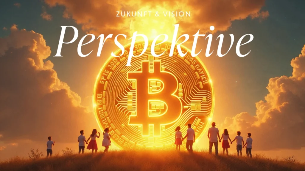 Menschen halten sich an den Händen vor einer leuchtenden Bitcoin-Münze mit dem Schriftzug Perspektive