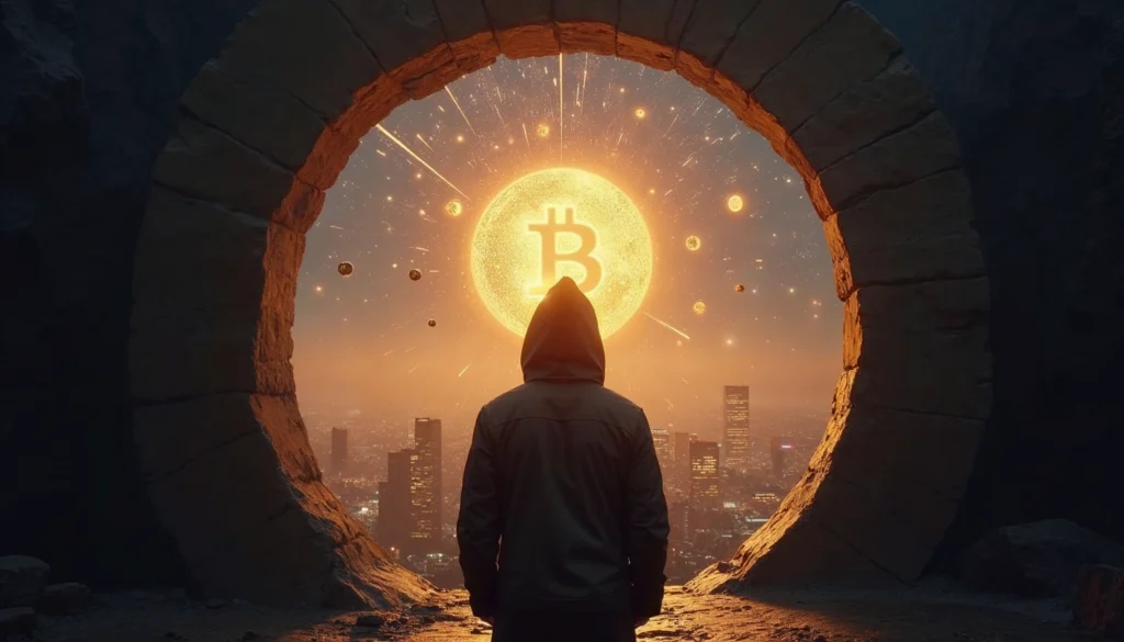 Person mit Kapuze blickt durch ein Steintor auf eine leuchtende Bitcoin-Sonne über der Stadt