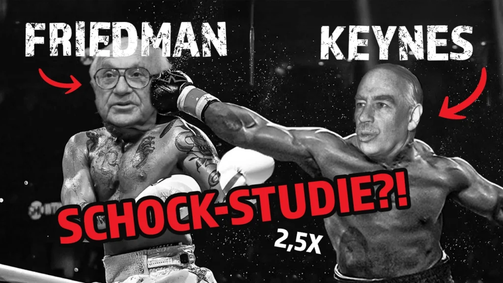 Satirische Darstellung eines Boxkampfs zwischen Milton Friedman und John Maynard Keynes mit dem Schriftzug Schock-Studie