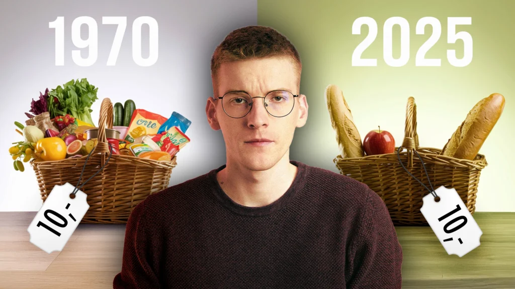 Mann mit Brille vor zwei Einkaufskörben, 1970 voller Korb für 10 Euro, 2025 fast leerer Korb für 10 Euro. Symbolbild für Inflation.