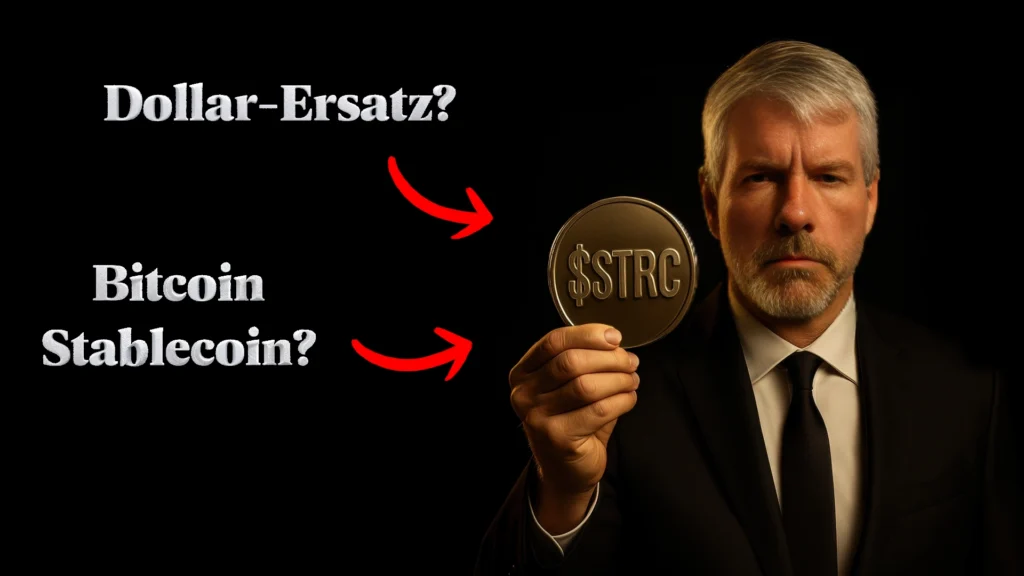 Michael Saylor hält Coin mit Stablecoin-Symbol – Diskussion um Bitcoin-Stablecoin als Dollar-Ersatz